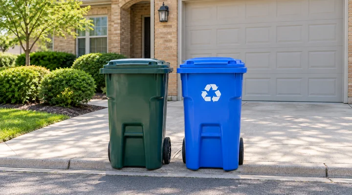 The same green and blue bins moved to the curb in front of the same house and driveway.