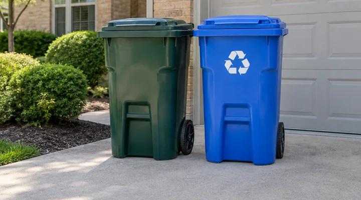 Green trash bin and blue recycling bin at their normal storage spot beside the gray garage.