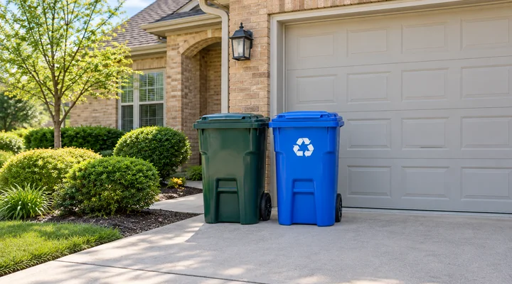 The same green and blue bins returned to their original spot beside the same gray garage.