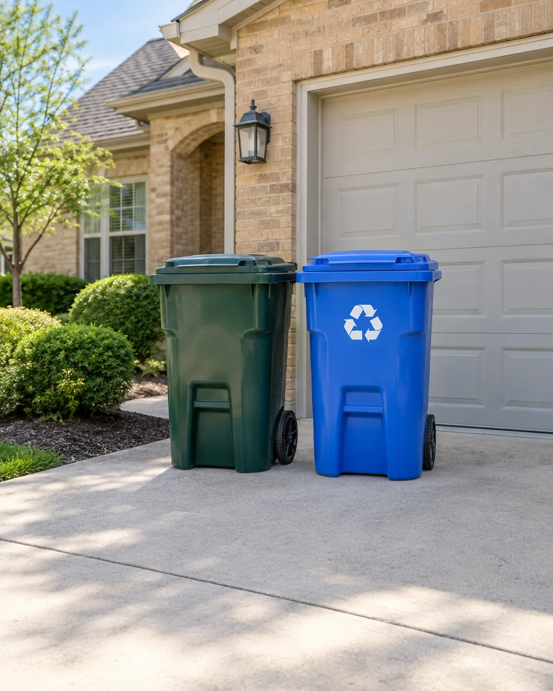 Green trash bin and blue recycling bin beside a clean residential garage in a St. Louis neighborhood.